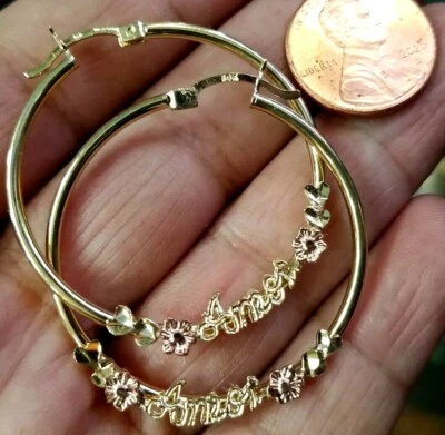 GoLD 14K AMOR Earring Hoop Round rose flower heart love oro gift her 38mm 1.50" - Image 1 of 4