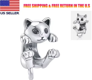Authentic S925 Sterling Silver Charm Cute Cat Kitty Animal Charm For Bracelet - Picture 1 of 3