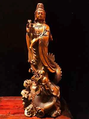 BY193 - 22 x 9 x 8 cm Estatuilla de boj tallada - Guan yin Kuan-yin Hada y dragón Foto 1 de 4