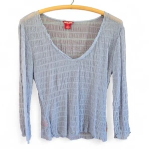 Guess Jeans Womens Small Sheer Blue Long Sleeve Top V-Neck Ruching - Picture 1 of 7