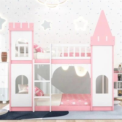 Twin Over Twin Kids Castle Bunk Beds Wood Bed Frame with Ladder for Boys Girls - Image 1 of 4