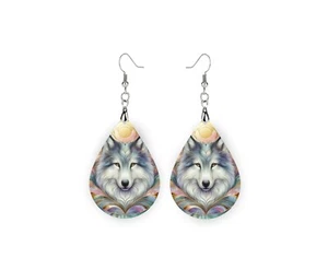 Wolf Print Wood Dangle Teardrop Print Earrings Jewelry - Picture 1 of 8