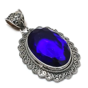 Blue Sapphire Lab-Created Gemstone Handmade 925 Sterling Silver Pendant Jewelry - Picture 1 of 6