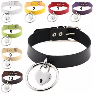 Women Gothic Choker Collar Necklace Ring Leather Heart Metal Lock Key Punk UK - Picture 1 of 23