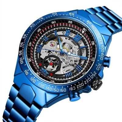 Automatic Self Wind Men’s Blue Stainless Steel Skeleton Mechanical Wrist Watch - Image 1 of 4