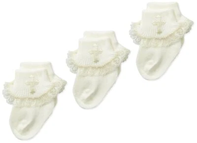 Baby-Girls Newborn Christening Lace Turn Cuff Socks 3 Pair Pack White Infant - Image 1 of 2