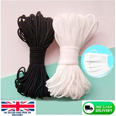 MOPA CRAFTS 3mm Elastic Cord SOFT BLACK & WHITE Band Strap Sewing Craft For Face Mask