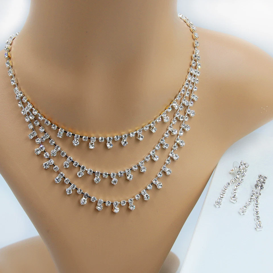 Set Gioielli Collier Orecchini Cristalli Strass Sposa Collana Argento 5 - Immagine 1 di 4