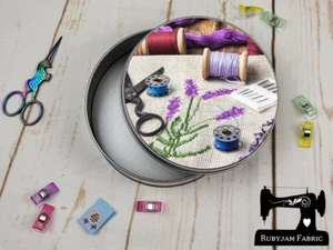 Embroidery, Lavender, Sewing Themed Round Metal Storage Tin, Great Gift Idea - Picture 1 of 1
