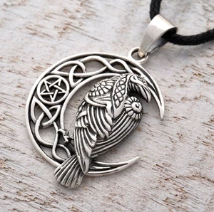 Anhänger Silber 925 Rabe im Halbmond Pentagramm 4,2 cm x2,6 cm mit Band Viking - Bild 1 von 7