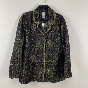 Chicos Jacket Size 3 US XL Black Gold Metallic Lined Brocade Button Front - Picture 1 of 10
