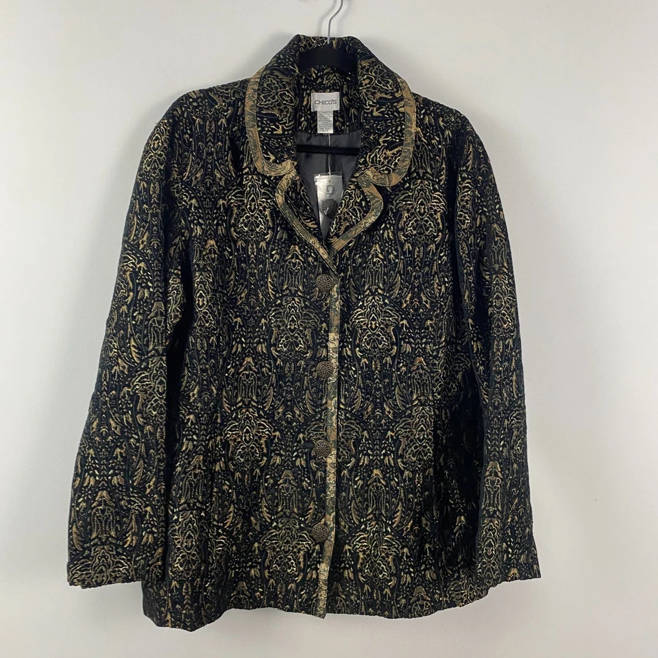 Chicos Jacket Size 3 US XL Black Gold Metallic Lined Brocade Button Front - Image 1 of 4