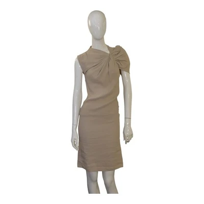 LANVIN ETE 2010 Beige Linen Blend Pleated Knot-detail Shoulder Summer Dress 38 - Image 1 of 4