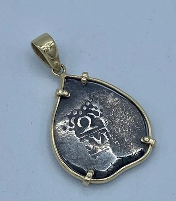 Collar Colgante Moneda Cob Plata Naufragio Pirata Colonial Español 2 Reales 14K Foto 1 de 4
