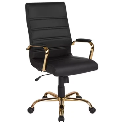 Silla de oficina ergonómica giratoria de cuero sintético con respaldo alto Whitney en marco negro/dorado Foto 1 de 4