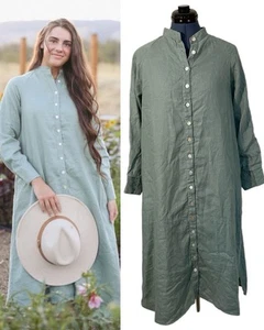 Dainty Jewells Holland Adventure Dress Sage Linen Button Up Ruched Sleeve Midi M - Picture 1 of 15