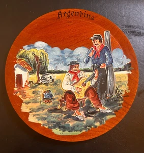 Argentina Oil Painting On Wooden Plate 9" La Querencia Gaucho Vintage Folk Art - Picture 1 of 4