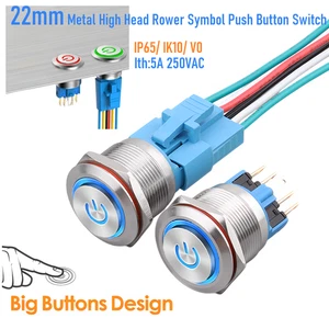 22mm High Head Power Symbol Beleuchtet5A Edelstahl Anti-Vandalismus Drucktaster - Bild 1 von 71