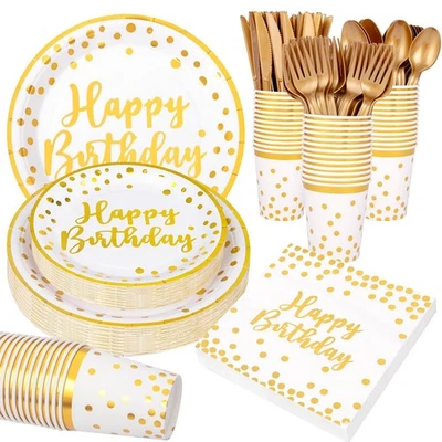 Juego de 350 platos y servilletas de papel de cumpleaños - Papel blanco y dorado desechable... Foto 1 de 4