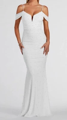 Vestido Formal Blanco Imitación Perla Malla Sirena Baile de graduación Fiesta Regreso a Casa Baile Talla XS Foto 1 de 4