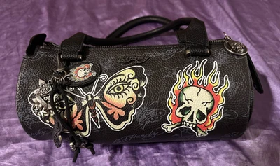 New Ed Hardy Grey Butterfly Tote Barrel Shoulder Bag Charm Cute Y2K Style Skull - Image 1 of 4