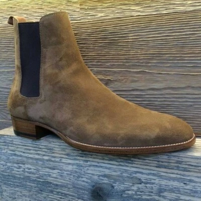Botas occidentales de gamuza beige hechas a mano para hombre, botas de oficina de vestir formal para hombre Foto 1 de 4