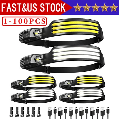 COB LED Headlamp USB Rechargeable Headlight Bar Head Band Torch Work Light 6000K - Image 1 of 4