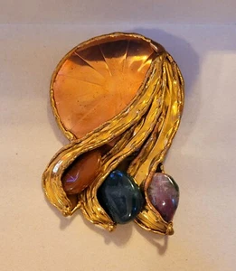 Large Handcrafted Copper Brass & Stones Statement Pin Brooch Pendant Exquisite - Picture 1 of 9