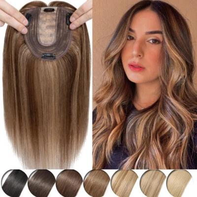 Women Tooper/Clip In Remy Human Hair Silk Base Hairpiece Toupee Wig Highlight US - Image 1 of 4