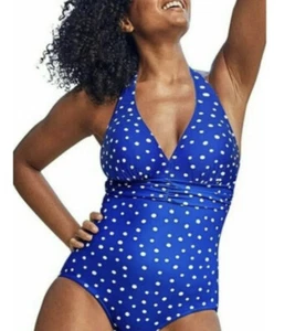 FIGLEAVES TUSCANY SPOT HALTER TUMMY CONTROL SWIMSUIT 755296 BLUE/WHITE POLKA DOT - Picture 1 of 3
