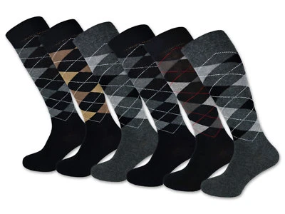 6 pairs knee socks men's checked cotton comfort waistband seamless check pattern - Image 1 of 2