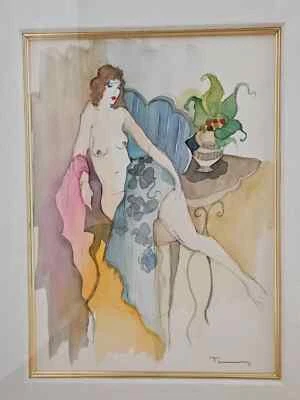 Acuarela sobre serigrafía Itzchak Tarkay enmarcada de medios mixtos, titulada: Andrea Foto 1 de 4