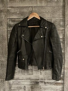 Zara Woman Leather Motorcycle Biker Jacket Full Zip Black Women’s Size Small GUC - Picture 1 of 19