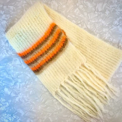 Listra Vintage~SEARS LÃ/MOHAIR MALHA 48” CACHECOL~Listrado Outono Creme/Marrom/Laranja - Imagem 1 de 4