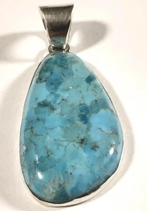 925 STERLING SILVER ELONGATED FREEFORM TURQUOISE 1 3/4" PENDANT 6.51g - Picture 1 of 3