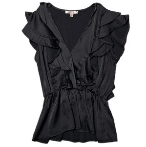 Peach Puff Ruffle Top S Ruffled Snap Front Blouse Black Peplum Romantic Shirt - Picture 1 of 5