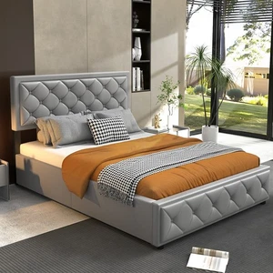 Polsterbett 140x200 Lederbett Doppelbett Stauraumbett mit Kopfteil Modernes Grau - Bild 1 von 15