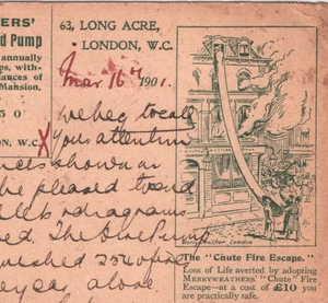 GB QV ADVERT STATIONERY Card *FIRE-FIGHTING* Pump FIRE ESCAPE 1901 Rare XG151 - Picture 1 of 20