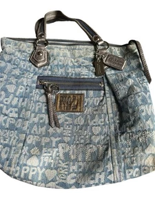 RARE Coach Poppy 16988 Blue Denim Word block Tote w/ Silver Trim - Picture 1 of 6