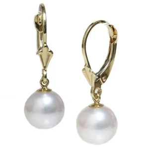 Orecchini Perla Rotondi Akoya Oro 14K Giallo, Rosa Bianca Fiore di Giglio Leverbacks - Foto 1 di 4
