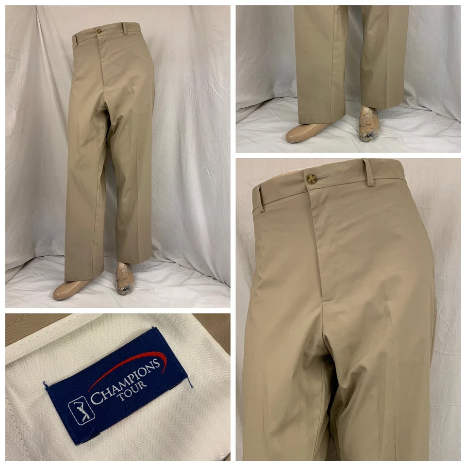 Pantalones de golf Champions Tour para hombre 38x32 tostados poli frente plano usados dos veces YGI Q1-515 Foto 1 de 4