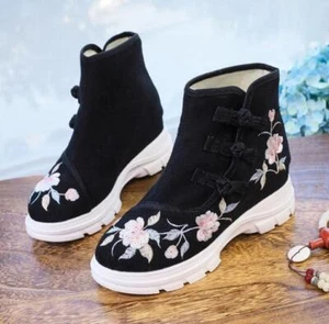 New Fashion Womens Casual Chinese Embroidered Folk Floral Cloth Boots Flat Shoes - Picture 1 of 24