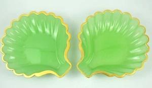 Pair Large Antique French Green Opaline Glass Scallop Shell Dishes Gilt Edge - Picture 1 of 15