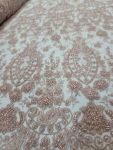 Blush Beaded Lace Floral Flowers Embroidered Sequin Fabric By The Yard Bridal  - Picture 1 of 9