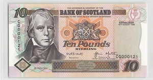 SCOTLAND 10 Pound 1998, P-120c Bank of Scotland, CG000121, 1st Prefix, Orig UNC. - Picture 1 of 2