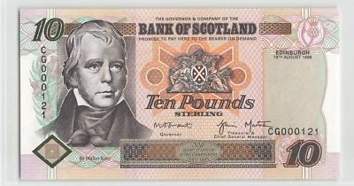 SCOTLAND 10 Pound 1998, P-120c Bank of Scotland, CG000121, 1st Prefix, Orig UNC. - Image 1 of 2