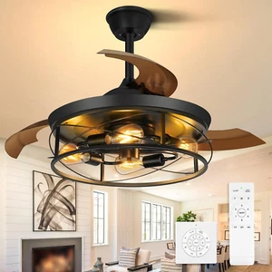 42Inch Retractable Ceiling Fans with Lights Remote Control Caged Industrial Farm - Picture 1 of 9