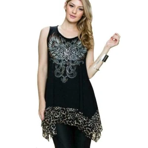nwt VOCAL fleur-de-lis TANK top TUNIC leopard ANIMAL PRINT LACE black SM-XL - Picture 1 of 3