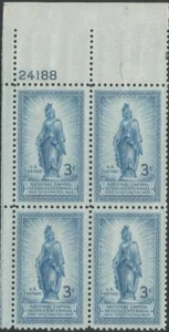 Plate block of 4 stamps - Scott 989 - 3 cent - Statue of Freedom - 1950 - MNH - Picture 1 of 1