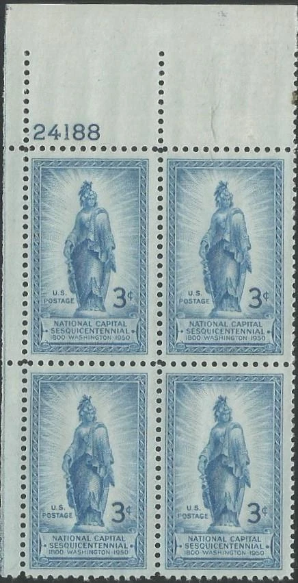 Plate block of 4 stamps - Scott 989 - 3 cent - Statue of Freedom - 1950 - MNH - Image 1 of 1
